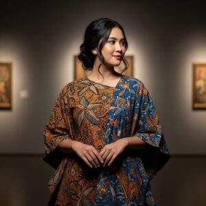 Dwipa" Dual-Tone Asymmetric Batik Cape Blouse – Sogan & Indigo Floral